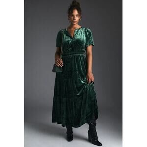 Anthropologie The Somerset Maxi Dress Velvet Edition Dark Green Womens XS Tiered